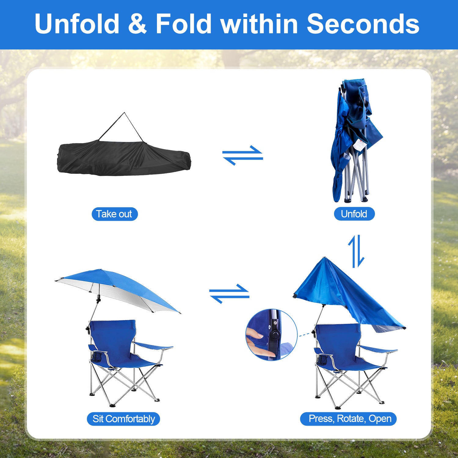 Foldable Beach Chair with Detachable Umbrella Armrest Adjustable Canopy Stool with Cup Holder Carry Bag for Camping Poolside Travel Picnic Lawn Chair Doba
